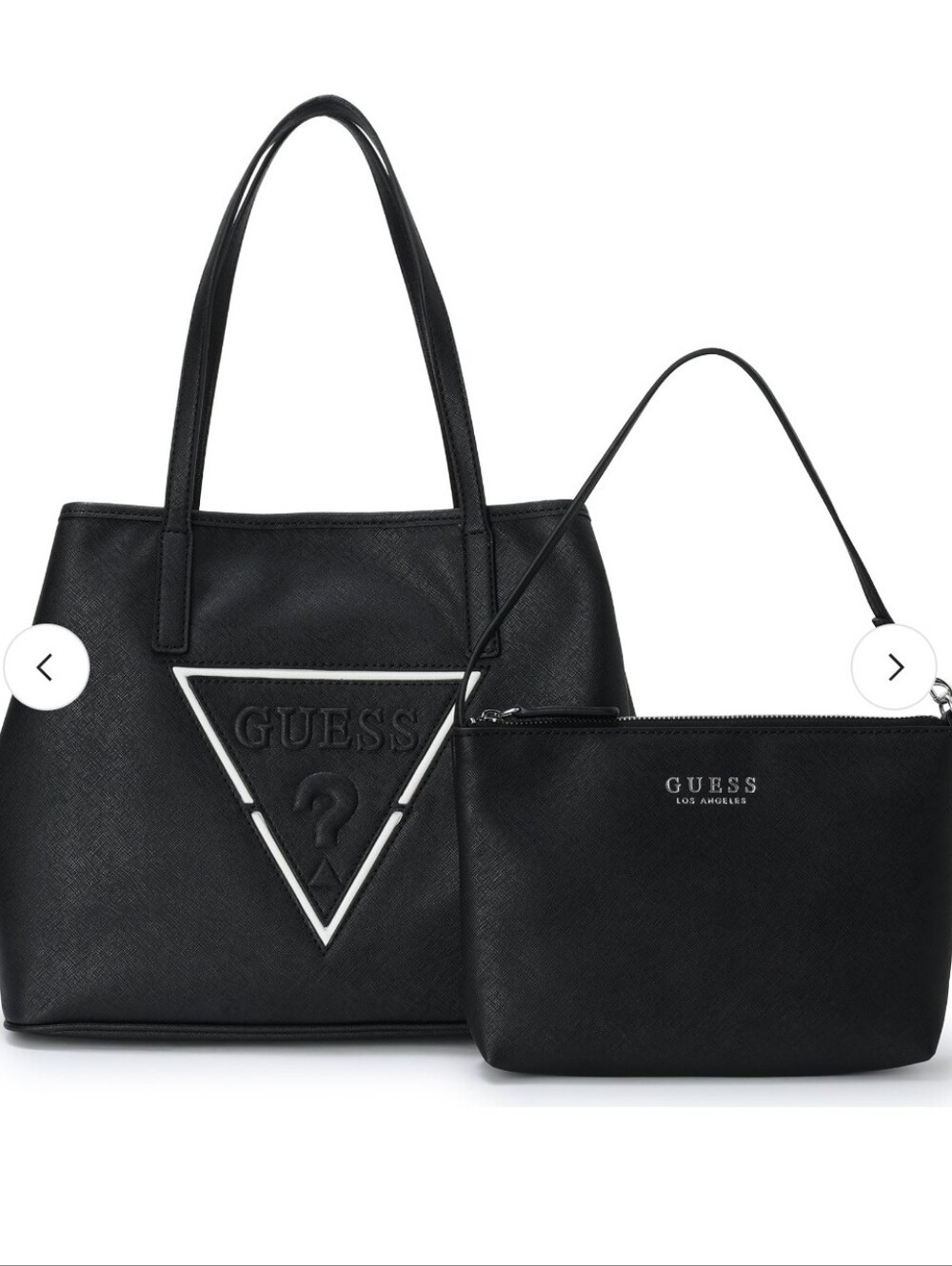 2 Pc Set GUESS Portini Triangle Logo Trap Tote & Wristlet Large,  Black